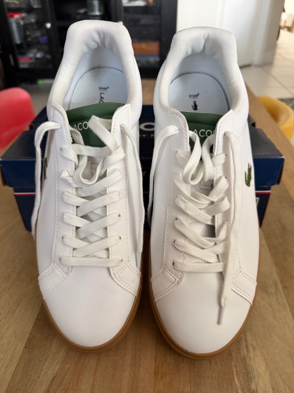 Lacoste White Leather Sneakers with Gum Outsole and Green Logo